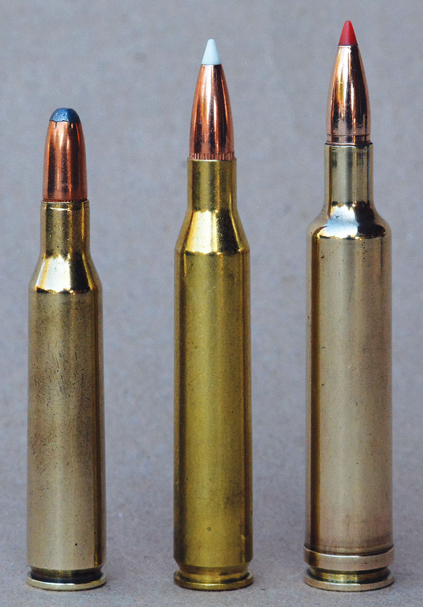 The 257 Weatherby Magnum offers notably greater powder capacity and higher velocities than other popular .25-caliber cartridges. Shown from left to right: 257 Roberts, 25-06 Remington and 257 Weatherby Magnum.